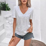 Shiny Sequins Tee Shirt Women T-shirt V-Neck Short Sleeve Loose Fit Summer Sexy Tops Holidays Parties Wear