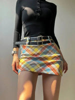 Plaid Double Waistband A-line Short SkirtWomen American Style Street High Waist Casual Collision Color Wrap Hip Skirt OJR7