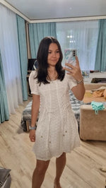 White lace embriodery summer beach dress women elegant hollow out lace up short dress off shoulder puff sleeve sheer dress 2025