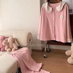 Autumn Winter Women Sleepwear, Solid Color Dralon Pajama Set, Soft Warm Doll Collar Long Sleeve & Long Pants Home Loungewear