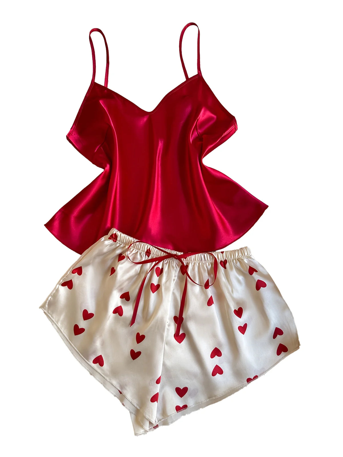 New Summer Women's V Neck Pajama Set Fashion Solid Halter Top with Heart Printed Shorts 2 Piece Sleepwear Comfortable Home Wear