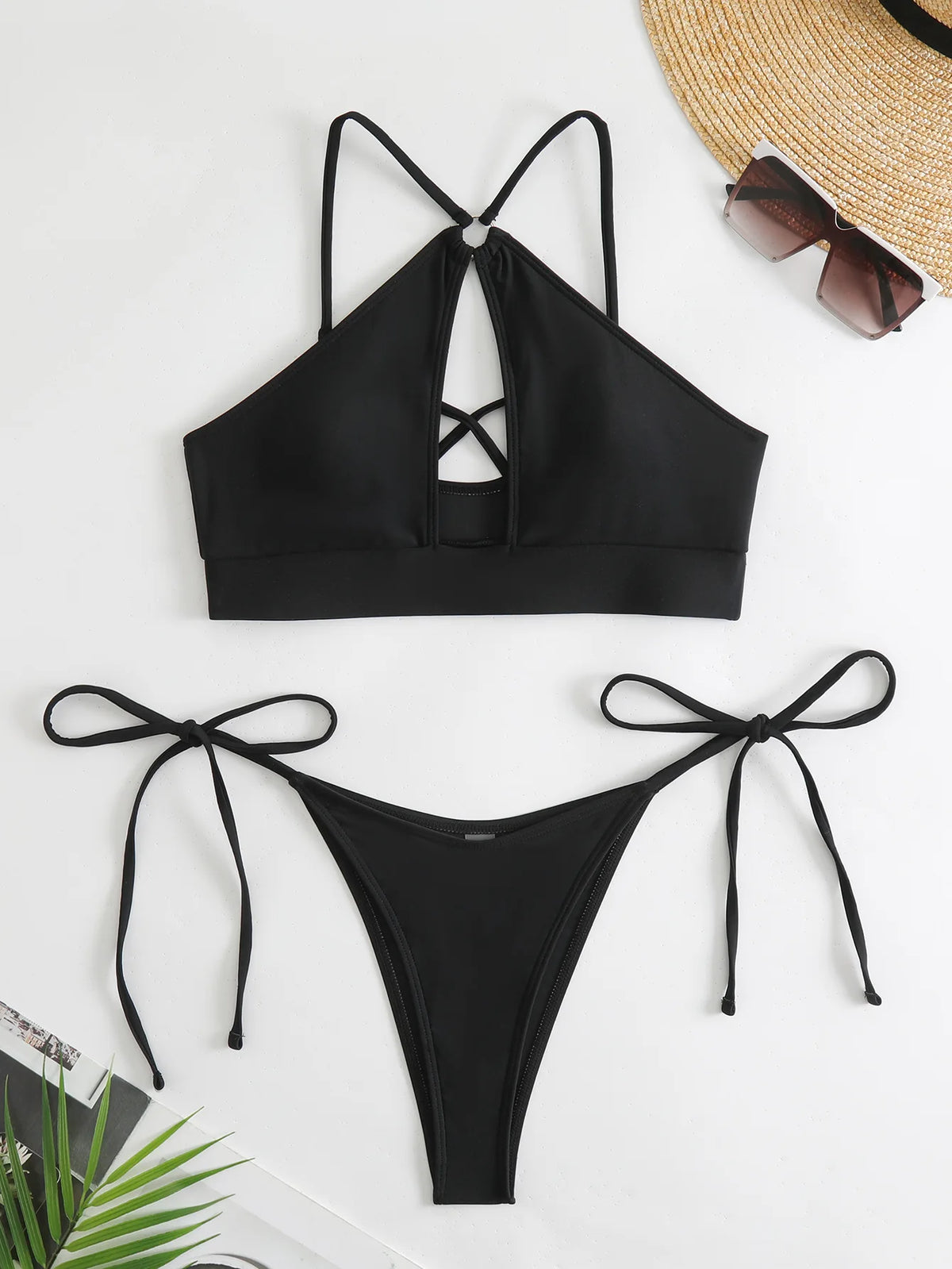 DEKA Women Solid Neck Hollow Bikini Set High Waist Bathing Suit Ladies Criss Cross Swimwear New Bikini Push Up Women Crop Top