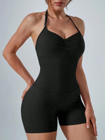 Ruched V Neck Halter Yoga Jumpsuit Seamless Ribbed Short Bodysuit Quick Dry Sports Romper For Pilates Running
