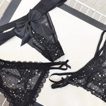 Sexy Women's Thong Erotic Cross Hollow T Pants Starry Sky Shiny Sequins Black Mesh Transparent Bow Perspective Briefs Lingerie