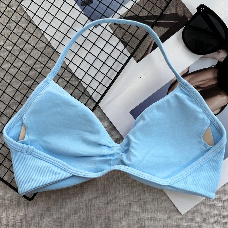 Seamless Sexy Open Back Gym Yoga Crop Top Women Halter Sports Bra Push Up Strappy Padded Workout Tank Tops