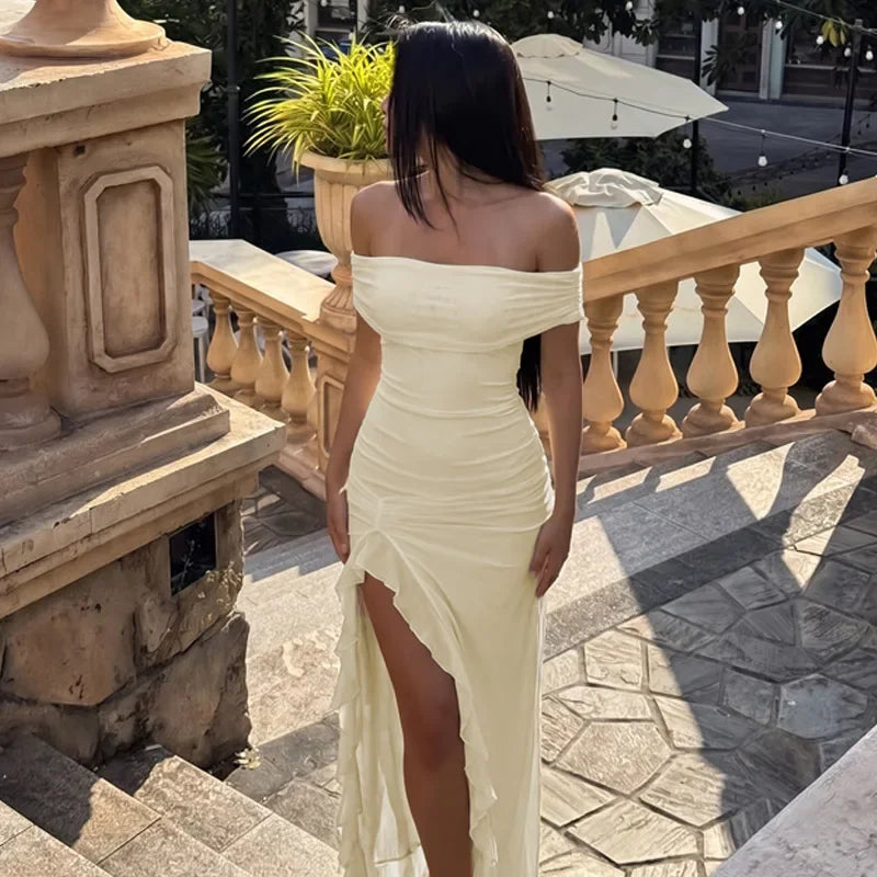 FDYOUI Elegant Slash Neck Ruffles High Slit Long Party Dresses for Women 2026 Summer Sleeveless Bodycon Evening Dress Lady Gowns