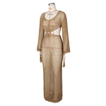 DEKA New Sexy Knit Mesh Cut Out Deep V Neck Long-sleeve Lace-up Fringe Tunic Summer Women Swimsuit Cover-ups Beach Maxi Dress