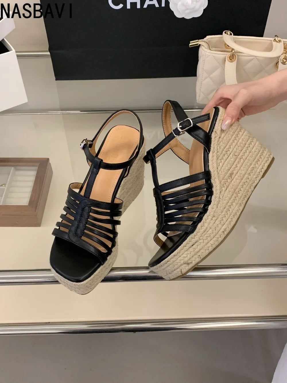 9cm Heeled Wedges Ankle Sandals Black Dress Shoes for Women T-Strap Silver Chunky Heels Summer Platform Bohemia Sandals 2026