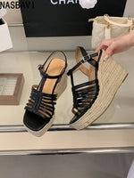 9cm Heeled Wedges Ankle Sandals Black Dress Shoes for Women T-Strap Silver Chunky Heels Summer Platform Bohemia Sandals 2026
