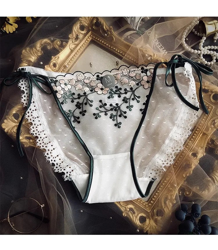 Lace-up Briefs Transparent Lace Panties Women Lingerie Sexy Underwear Low Waist Ropa Mujer Floral Embroidery Lenceria Femenina