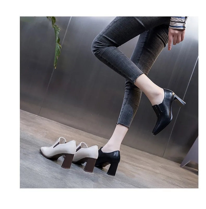 Botas Femininas Women Fashion Square Toe Chunky High Heels Ankle Boots Lady Casual Leather Autumn Short Boots Botas De Mujer