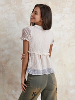 Women's Summer Solid Color Lace Short Sleeve Tops Doll Collar Button Down Ruffled Loose T-shirts