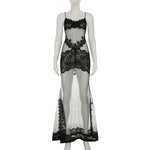 FDYOUI Sexy Lace Patchwork Mesh Long Dress Women Spaghetti Strap See-through Evening Party Dresses White Black Night Club Outfit