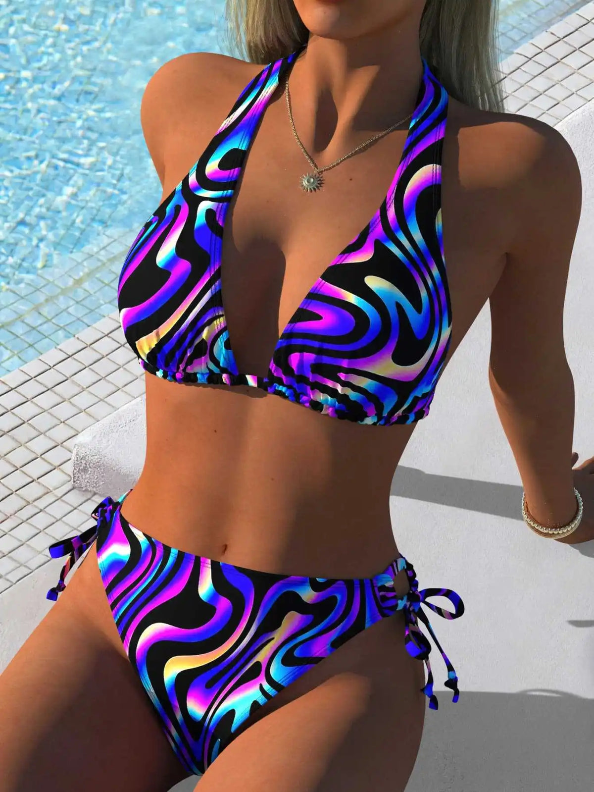 Sexy Blue Gradient Bikini Set Women V Neck Push Up Drawstring Side High Waist Swimsuit 2026 Beach Bathing Suit Holiday Swimwear