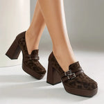 Square Toe Platform Double-Layer Buckle Shallow Sleeve Office Pumps Ultra-High Thick Heel Breathable High Heels