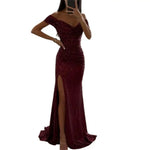 Evening Party Prom Dress Elegant V-Neck Off Shoulder Dress Sequin Pleated Short Sleeve Waist Tight Slim Sexy Split Long Dress