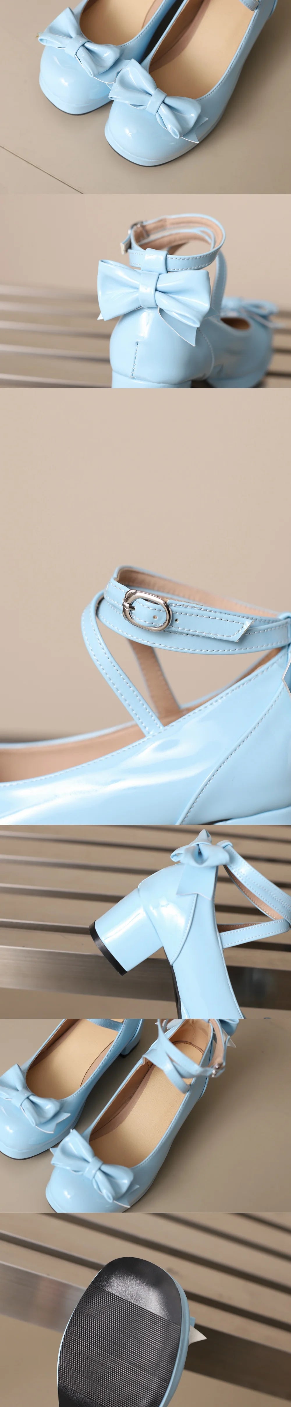 Big Size 50 Sweet Purple Mary Janes Pumps Cute Blue Bow Knot Block Heels Shoes Women White Lovely Lolita Pink y2k Platform Shoes