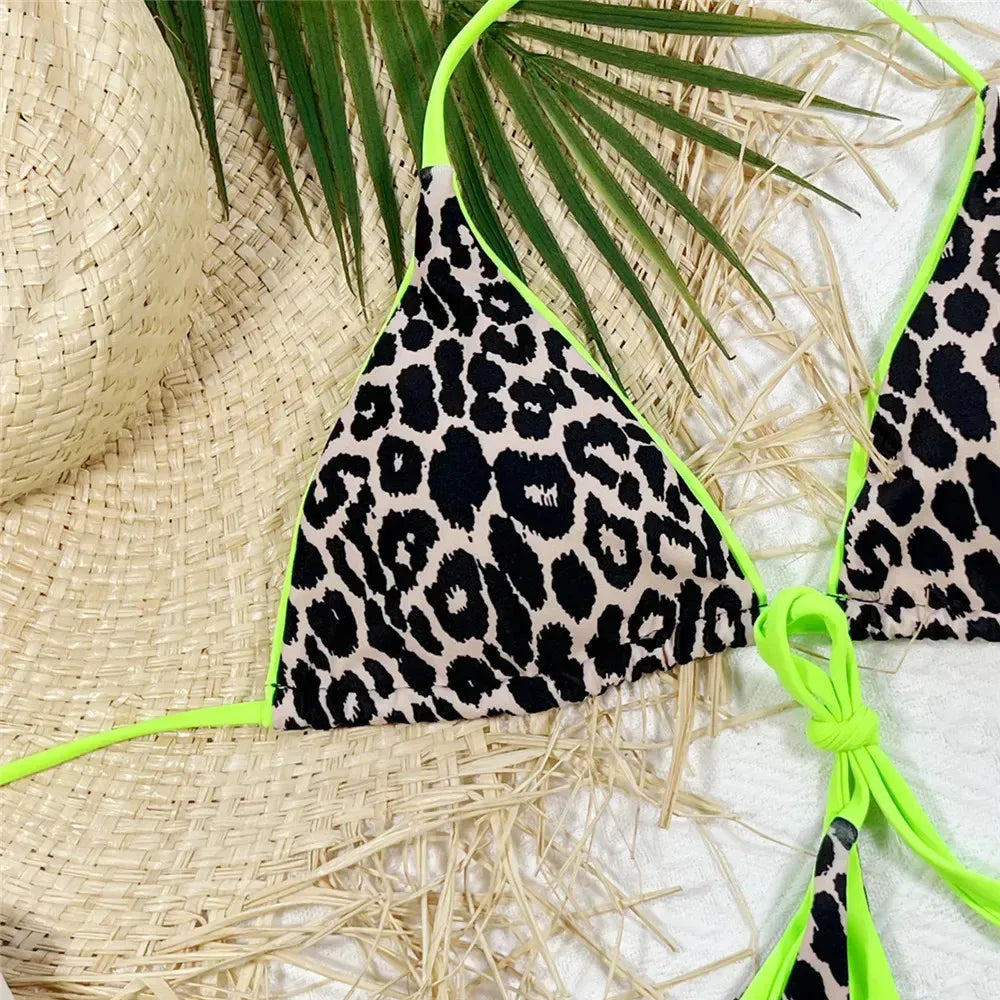 Pink Leopard Print Swimwear String Halter Triangle Bikini Set Micro Thong Sexy Swimsuit Women 2026 Bating Suit Bikinis De Mujer