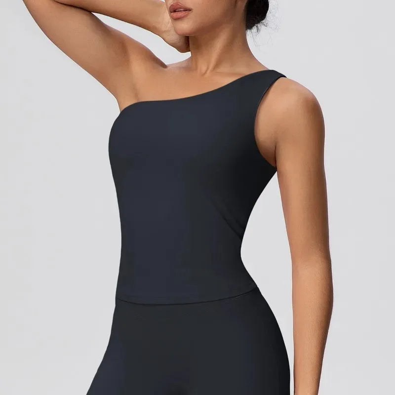 Women Seamless Cloud Feel One-Shoulder Waist-Cinching Yoga Vest Quick-Dry Slimming Sports Shaping Underwear Running Fitness Top