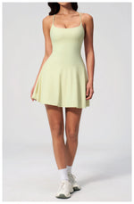 Women Tennis Dress with Shorts Pocket Square Neck Hollow Back Sleeveless One Piece Sports Outfit Fitness Pleate Mini Dresses