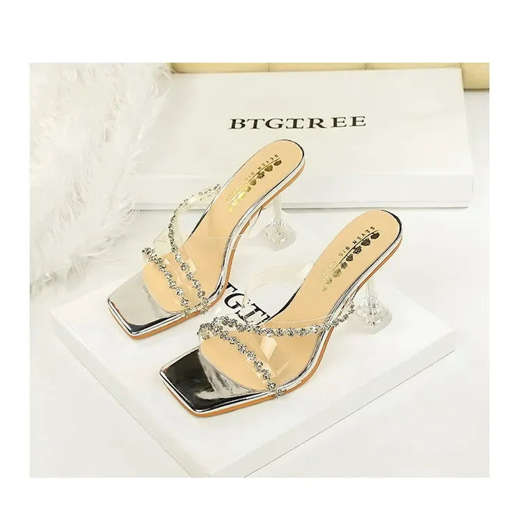 Transparent High Heels Women's Summer New Fashion Thin Heel Sandals Outdoor Wear Rhinestone Slippers Modern Minimalist Style