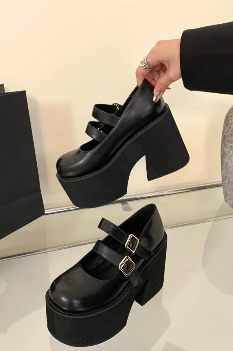 Women Lolita High Heels Chunky Platform Buckle Strap Mary Jane Shoes 11CM Super High Heel Pumps Woman Cosplay Goth Punk Shoes