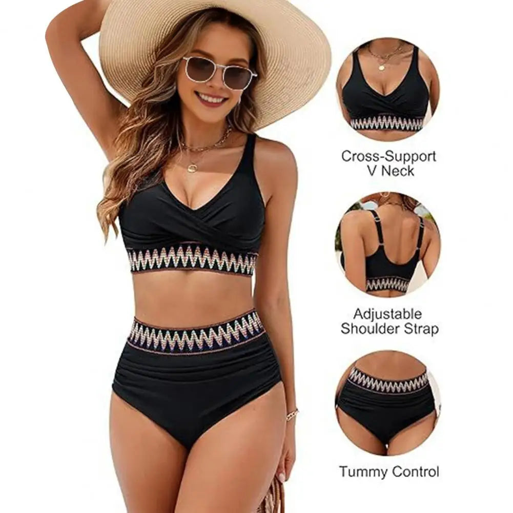 Woman Swimsuits V-Neck Tummy Control Women Bikini Set Removable Padding High Waist Bathing Suit For Vacation Women's Clothing