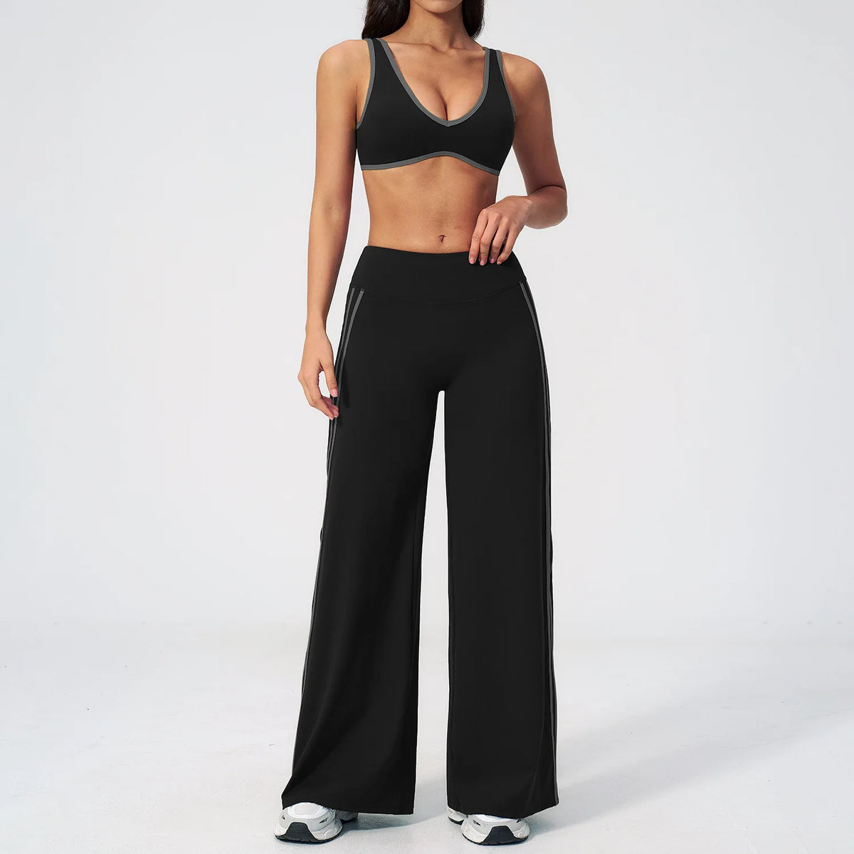 Women's Tracksuit Color Blocked Yoga Sets V Neck Sports Bra High Waist Flare Pants Fitness Suit Outdoor Running Workout Clothes