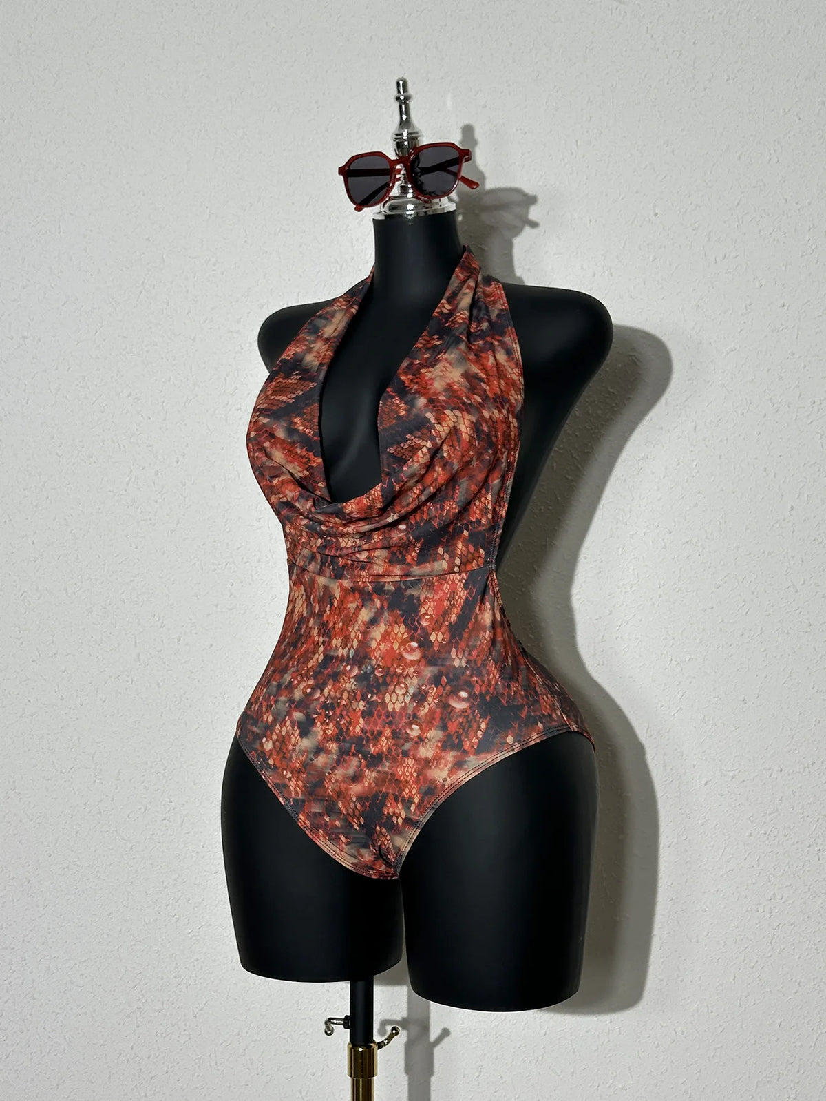 DEKA Women's New Sexy Red Snake Deep V One-piece Swimsuit With Chest Pad Print Adjustable Suspenders Backless Swimsuit