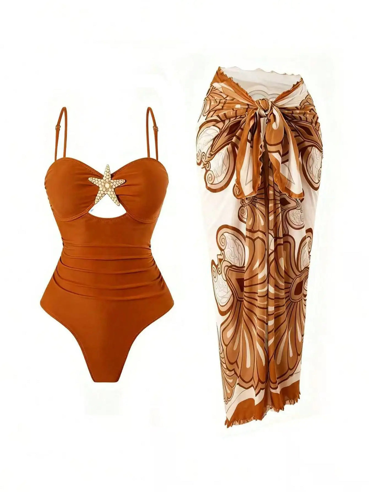 Vintage Orange Floral Print Skirt Swimwear Sets Women Starfish Hollow Out Tummy Control Bathing Suit Holiday One Piece Swimsuit