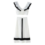 Women's Contrast Color V-Neck Ruffle Top And Skirt Women White Ruffle Trim Crop Top Skirt Casual Summer Outfit Pure Desire 0U19