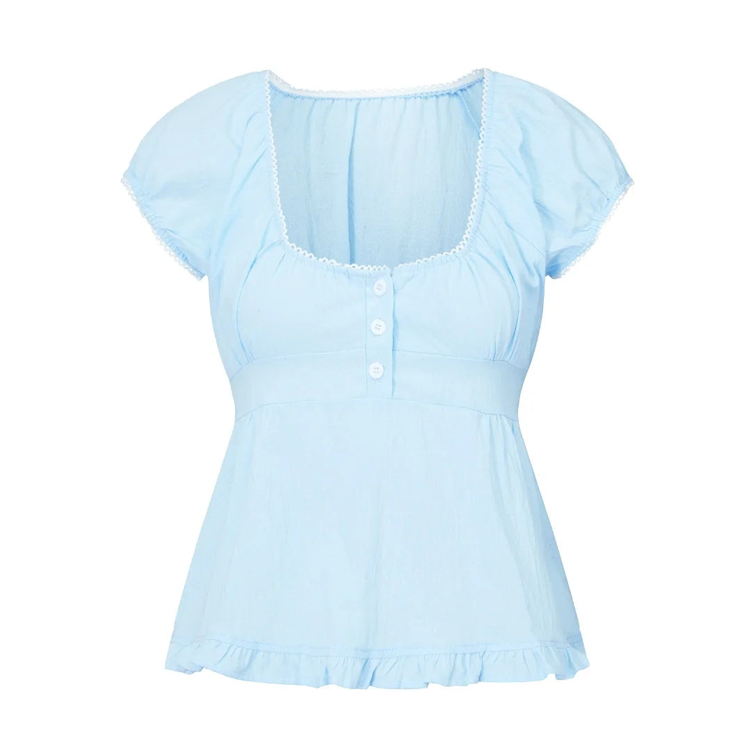 Summer Women Short Sleeve T-shirt Solid Color Low-necked Pleated Hem Casual Tops Y2K Retro Shirts