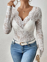 Women Sexy Base Layer Shirt Solid Black Sheer Lace Top Slim Flower Scallop Trim V Neck Long Sleeve T-shirt Trendy Tight Lace Top