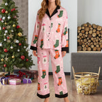 Women's Christmas Pajamas Set Long Sleeve V Neck Stocking Tree Print Tops and Pants Lounge Wear Two Pieces Suits