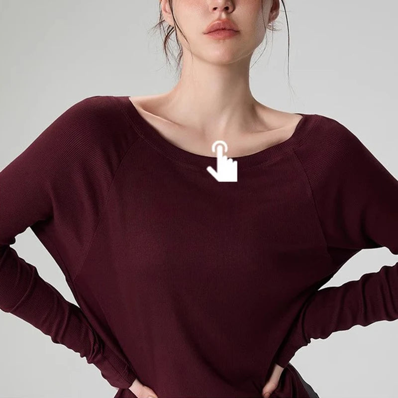 Women's yoga sports T-shirt, Modal ribbed yoga long sleeved outdoor sports loose top slimming yoga T-shirt cover
