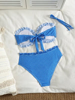 Vintage Coffee Plaid Print Bikini Set Women Bandeau Front Tie Push Up Bra High Waist Swimwear 2026 Beach Bathing Suit Swimsuit