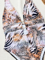 Tiger Printed Halter Deep V Neck One Piece Swimsuit Women Swimwear Female Backless Monokini High Cut Bathing Suit Swim Bodysuit