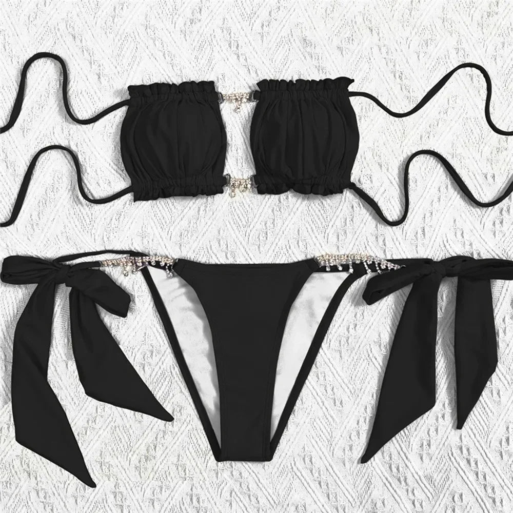 Sexy Rhinestone Chain Micro Thong Bikini Women Swimwear Ruffled Bandeau Swimsuit Knotted Bathing Swimming Suit Bikinis Sets 2026