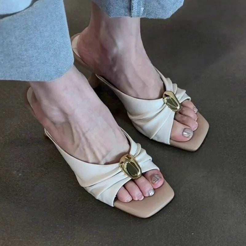 Summer Women Slippers Fashion Metal Decoration Open Toe Dress Slides Ladies Stripper Party Sandals