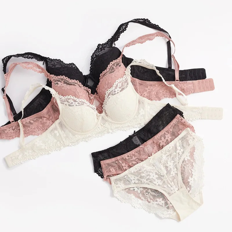 New Women Lace Flowers Embroidery Lingerie Set Sexy Hollow Thin Cup Push Up Bra Summer Comfort Underwear Adjustable Strap Bras