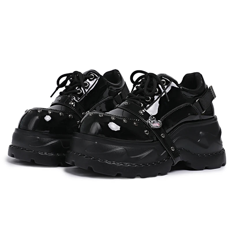 2026 Chunky Platform Punk Sneakers Women Belt Decor Lace Up Thick Bottom Vulcanized Shoes Woman Heighten Rivets Goth Shoes Mujer