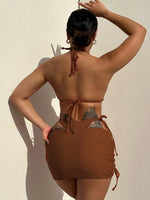 2026 Summer Leopard Print 3 Pieces Suit Swimwear Reversible Sexy Halter Lace-up Bikini Set Drawstring Skirt Cover Up Beachwear