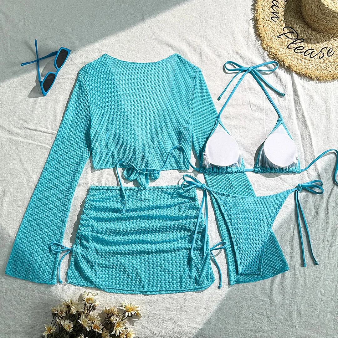 9 Colors New Long Sleeve With Skirt Bikini Female Swimsuit Women Swimwear Four-pieces Bikini set Bather Bathing Suit Swim V6358P