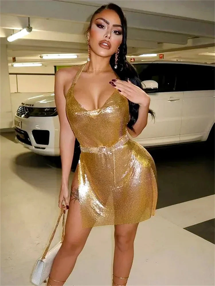 Women Glitter Sexy Dress Sleeveless Backless Halter Low Cut Split Short Dress See Through Party Club Sexy Dresses Female Summer