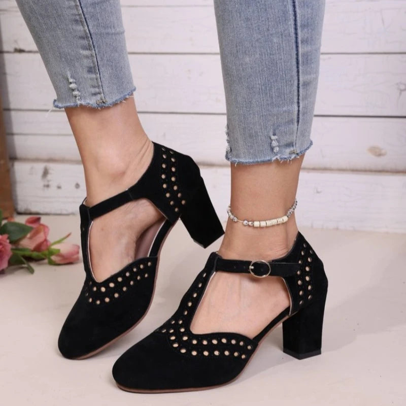2026Women Sandals FashionRound Toe Hollow Thick Heel Sandals Casual Summer Shoes