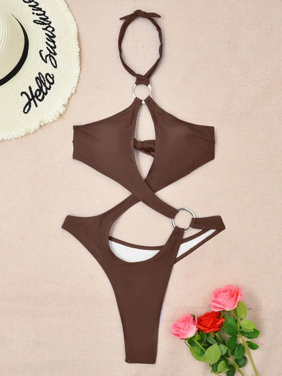 Sexy Tummy Cut Out Halter Women Thong Swimwear One Piece Swimsuit Female High Cut Monokini Rings Bathing Suit Swim Beach Wear