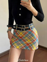 Plaid Double Waistband A-line Short SkirtWomen American Style Street High Waist Casual Collision Color Wrap Hip Skirt OJR7