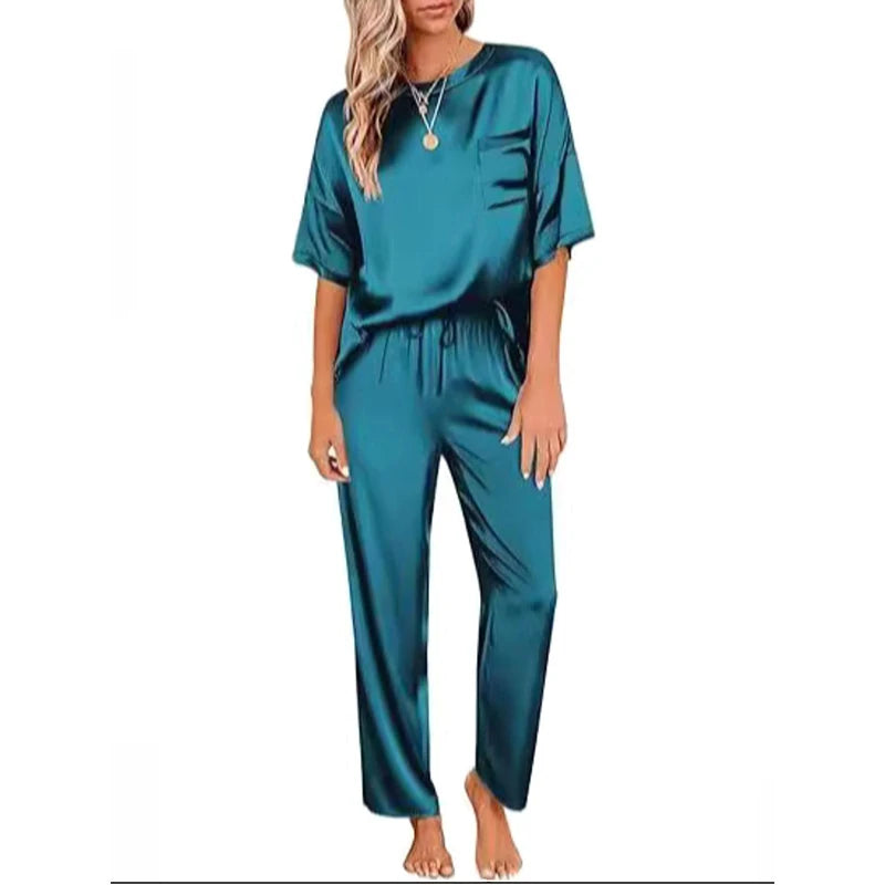 Two piece set of women's solid color satin pajamas and home clothes, short sleeved pants, loose and casual outdoor home clothes