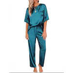 Two piece set of women's solid color satin pajamas and home clothes, short sleeved pants, loose and casual outdoor home clothes