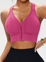 Women's Zip Front Solid Color Sports Bra, Crisscross Back Wireless Bra, Removable Padded Comfort Everyday Workout Bra